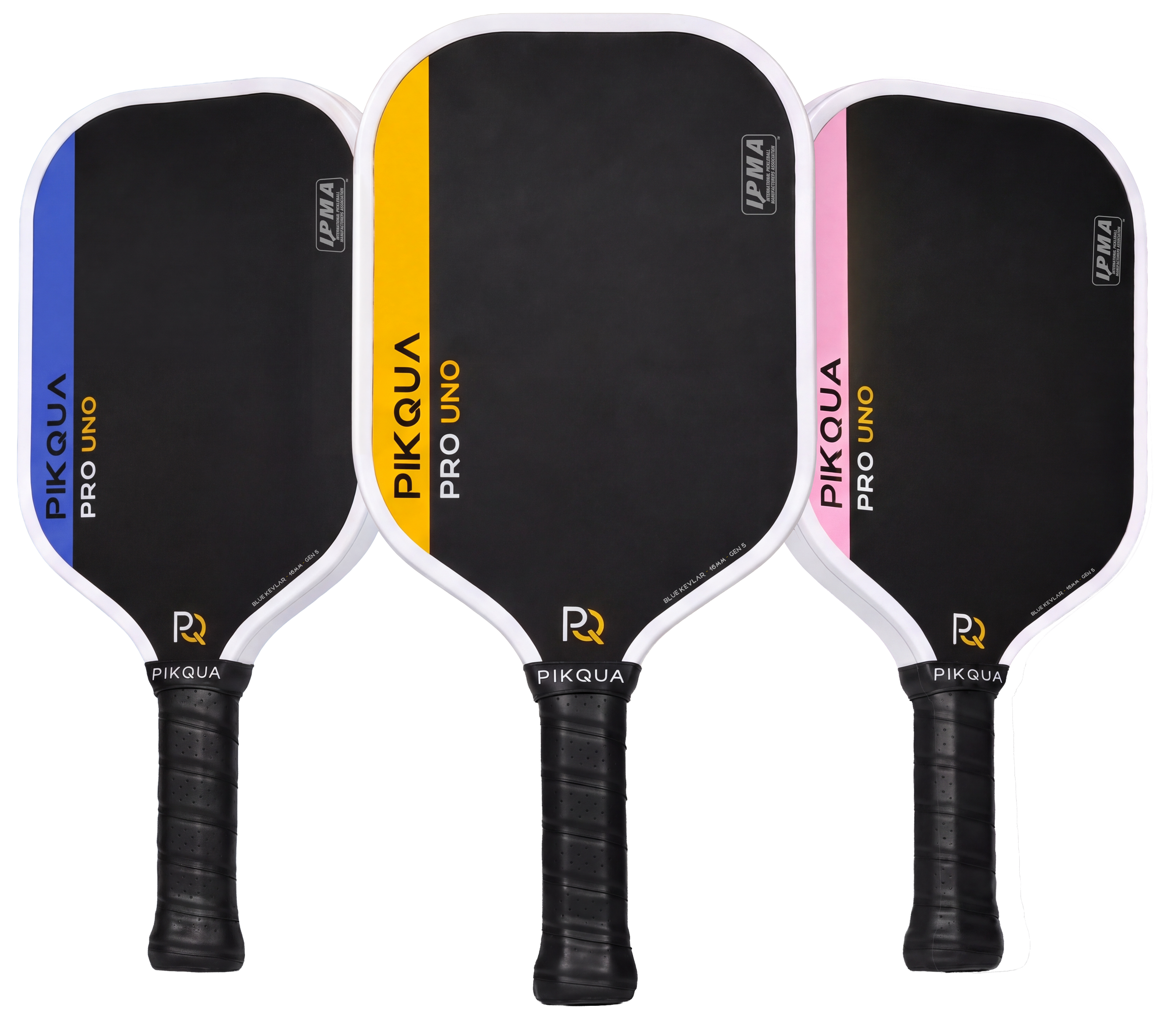 Three pickleball paddles shown side by side on a white background: a blue-bordered Pikaqua Pro Uno Kevlar, a yellow-bordered Pikaqua Pro Uno Kevlar, and a pink-bordered Pikaqua Pro Uno Kevlar. Each paddle has a black face, white edge trim, black wrapped handle, and visible IPMA certification and Pikqua branding.