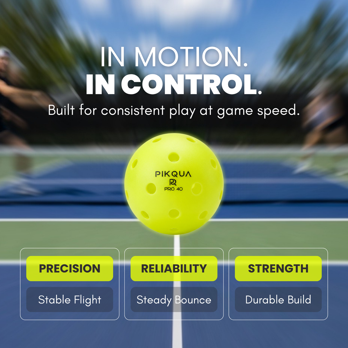 A bright yellow pickleball ball labeled 'PIKQUA PRO 40' centered on a blue pickleball court with blurred players in the background. Large text reads 'IN MOTION.