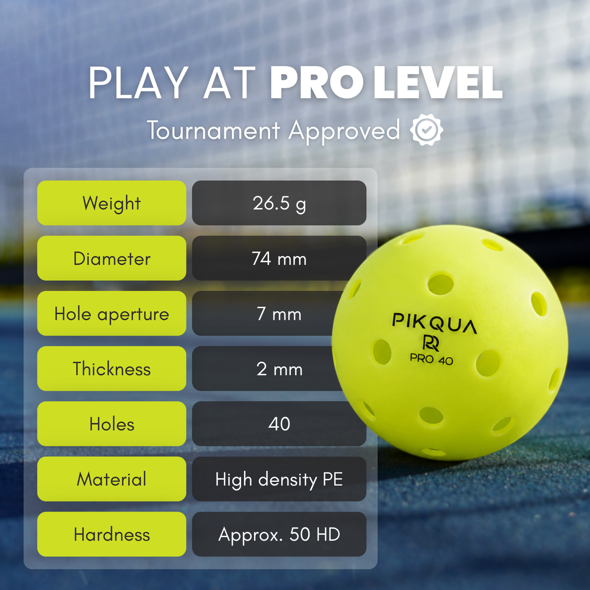 A bright yellow pickleball ball with printed 'PIKQUA PRO 4.0' branding, shown next to a feature specification chart on a blurred blue court background.