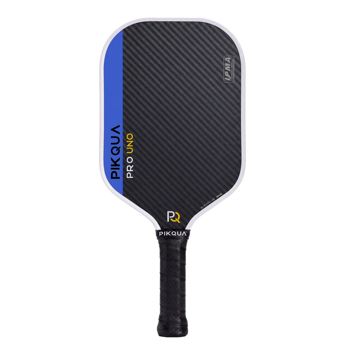Pikqua Pro Uno pickleball paddle featuring a blue kevlar face, a blue vertical stripe on the left edge, and a black wrapped handle, shown against a solid white background.