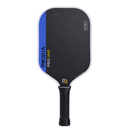 Pikqua Pro Uno pickleball paddle featuring a blue kevlar face, a blue vertical stripe on the left edge, and a black wrapped handle, shown against a solid white background.