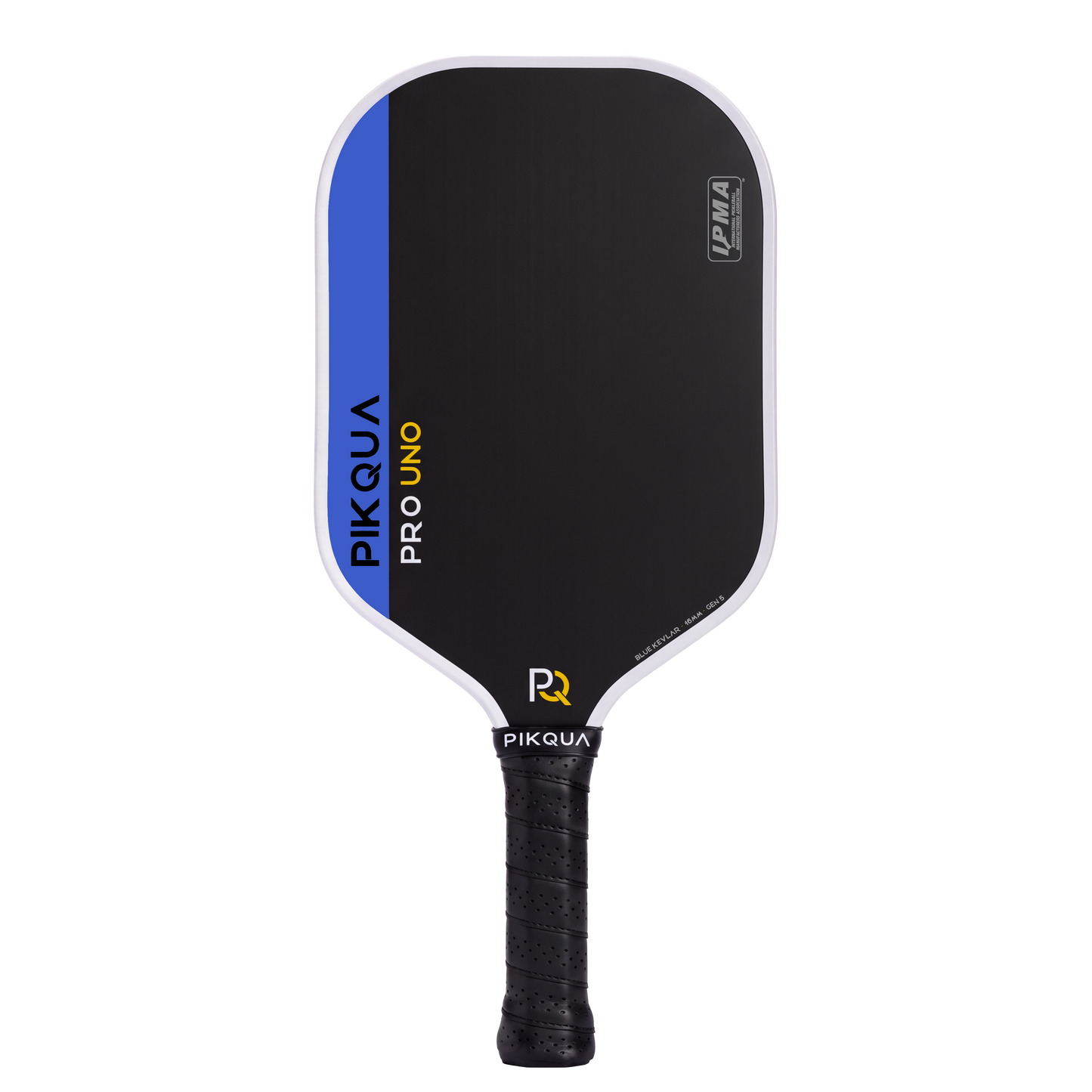 Pikqua Pro Uno Kevlar pickleball paddle with a black paddle face, blue side accent, white trim, and black wrapped handle on a white background.