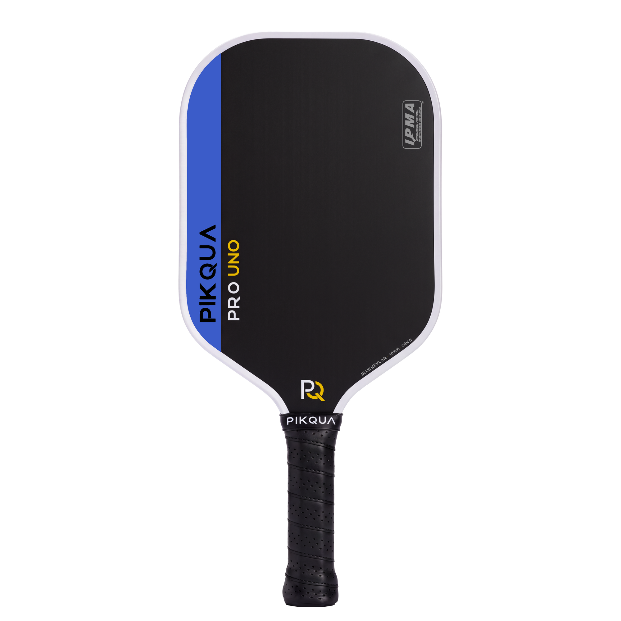 Pikqua Pro Uno Kevlar pickleball paddle with a black paddle face, blue side accent, white trim, and black wrapped handle on a white background.