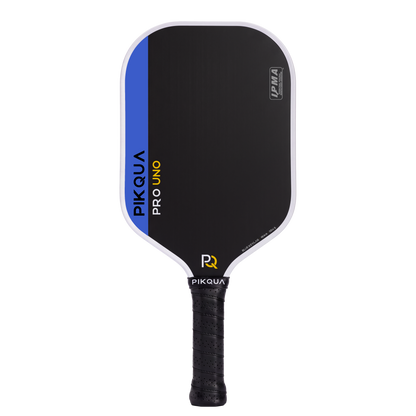 Pikqua Pro Uno Kevlar pickleball paddle with a black paddle face, blue side accent, white trim, and black wrapped handle on a white background.