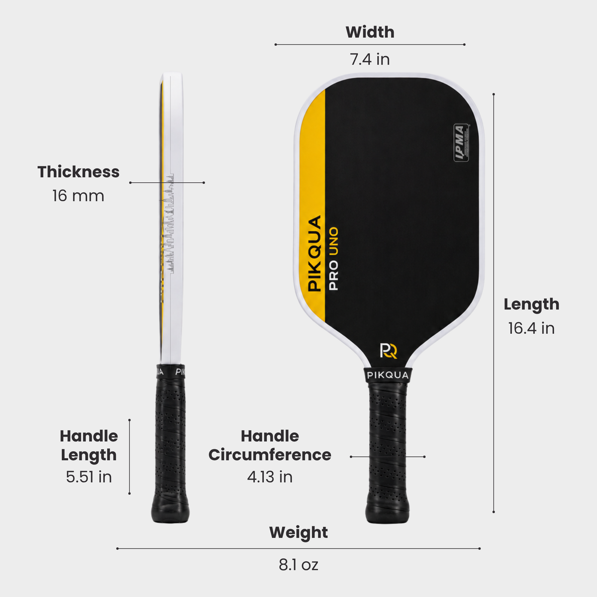 Piqua Pro Uno pickleball paddle with dimension callouts showing width 7.4 in, thickness 16 mm, handle length 5.