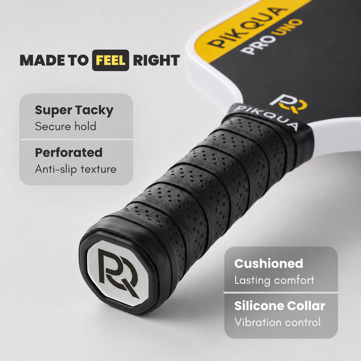 Close-up of a pickleball paddle handle with a black textured grip, branded with the RQ logo, on a light gray background with feature callouts and text.