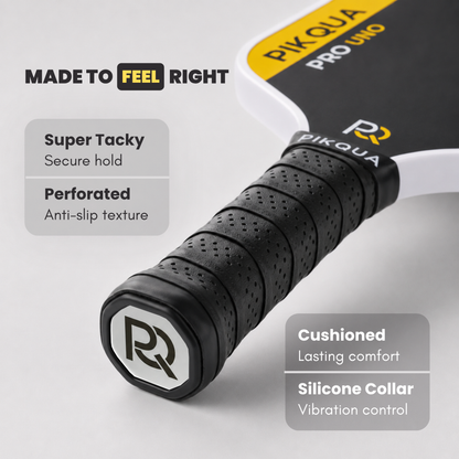 Close-up of a pickleball paddle handle with a black textured grip, branded with the RQ logo, on a light gray background with feature callouts and text.