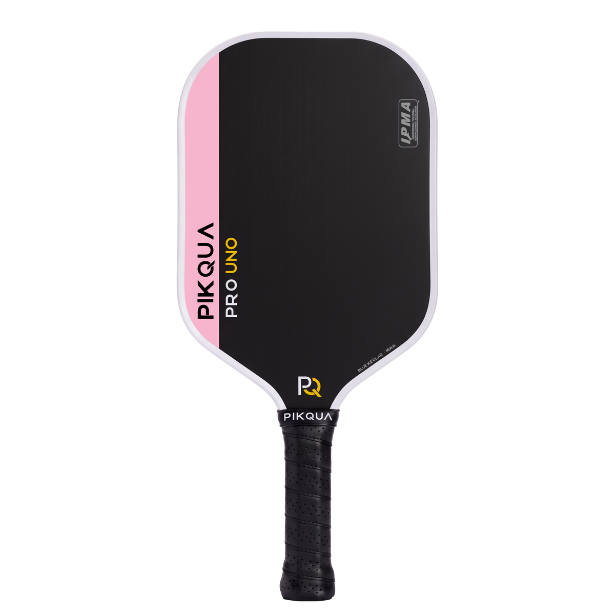 Pikqua Pro Uno pickleball paddle with a black face, pink side accent, white trim, and black wrapped handle on a white background.