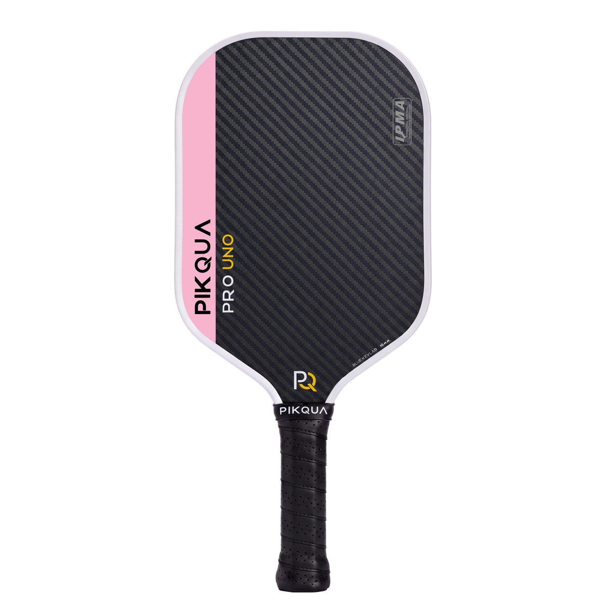 Pikqua Pro Uno pickleball paddle featuring a Blue Kevlar pattern face, a pink vertical stripe on the left, and a black wrapped handle, shown on a white background.