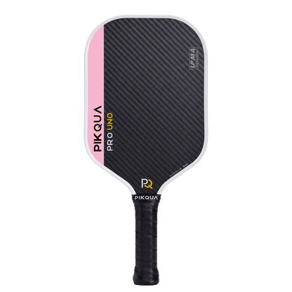 Pikqua Pro Uno pickleball paddle featuring a Blue Kevlar pattern face, a pink vertical stripe on the left, and a black wrapped handle, shown on a white background.