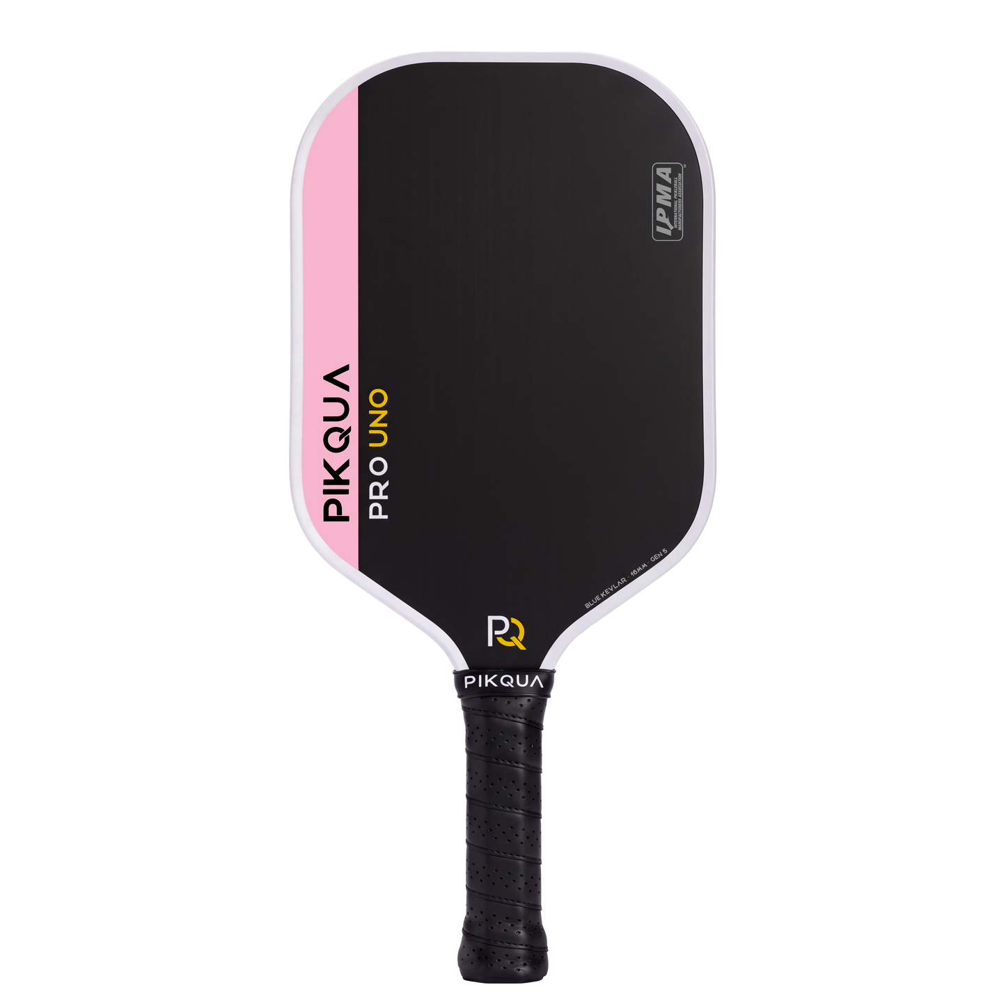 Pikqua Pro Uno Kevlar pickleball paddle with a black face, pink side accent, white trim, and black wrapped handle on a white background.