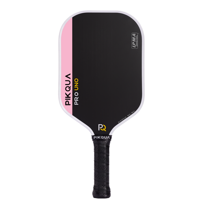 Pikqua Pro Uno Kevlar pickleball paddle with a black face, pink side accent, white trim, and black wrapped handle on a white background.