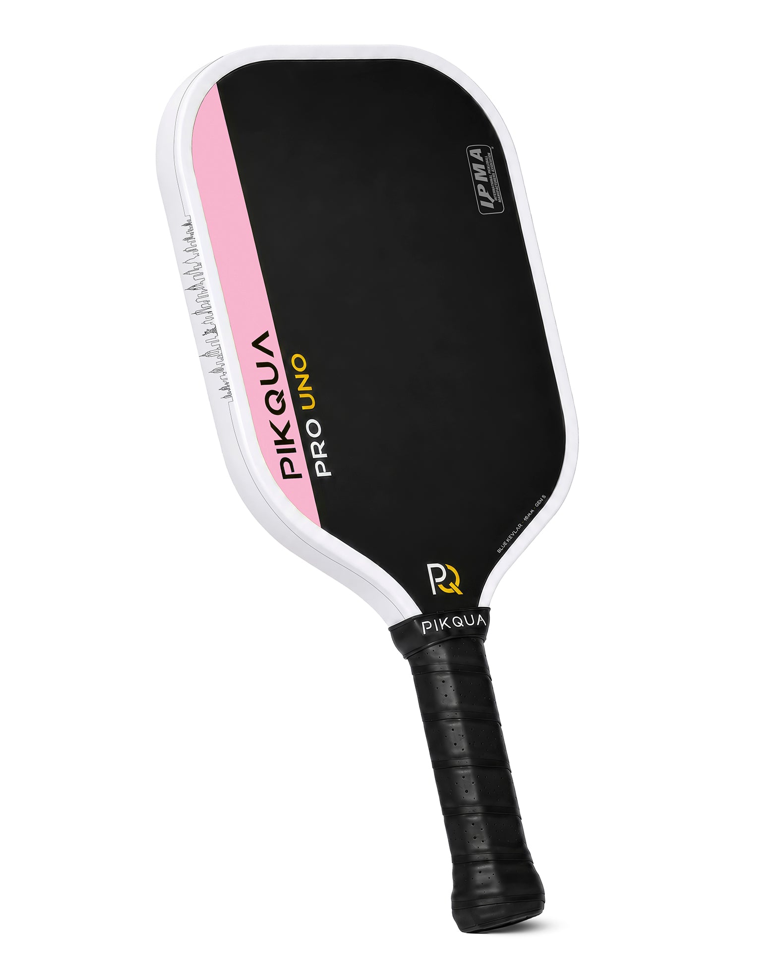 A Pikqua Pro Uno Kevlar pickleball paddle with a black face, white border with the NYC skyline, pink accent stripe, and black wrapped handle, shown on a white background.