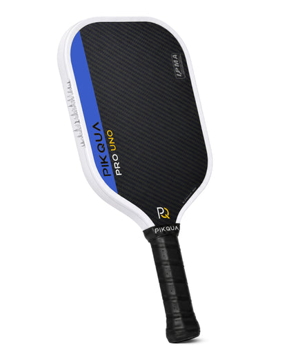 Pikqua Pro Uno pickleball paddle with a black Blue Kevlar pattern face, a bright Blue side accent, and a black wrapped handle, shown on a solid white background.