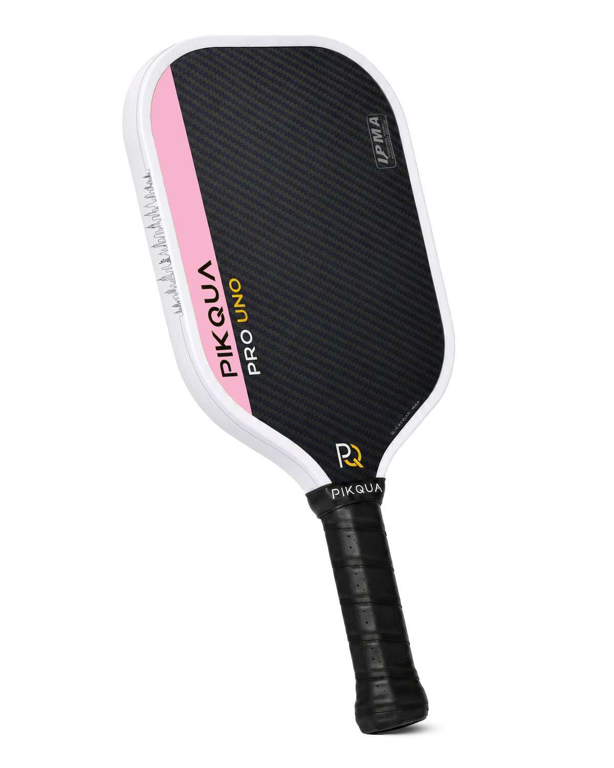 Pikqua Pro Uno pickleball paddle with a black Blue Kevlar pattern face, a bright Pink side accent, and a black wrapped handle, shown on a solid white background.