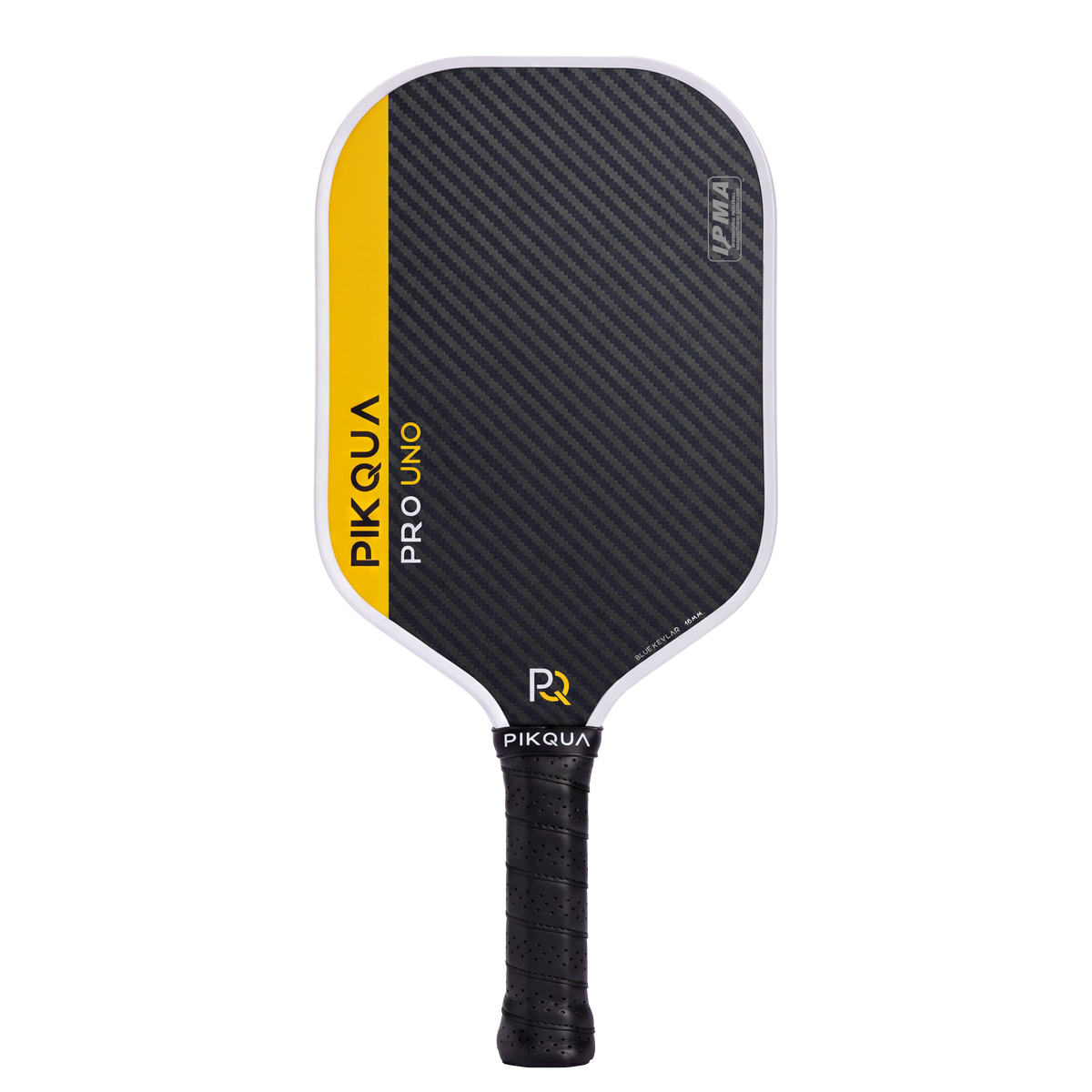 Pikqua Pro Uno pickleball paddle with a black Blue Kevlar pattern face, a bright yellow side accent, and a black wrapped handle, shown on a solid white background.