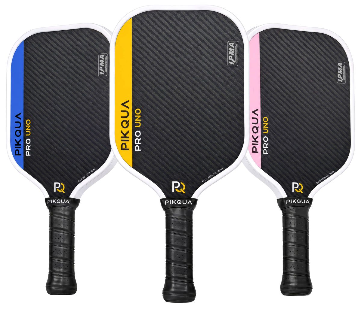 Three pickleball paddles from Piqua Pro Uno shown side by side on a white background, featuring a blue kevlar face with white trim and colored accents in blue, yellow, and pink.